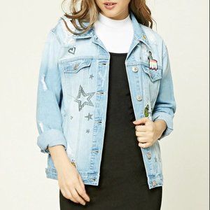 Patched Distressed Denim Jacket